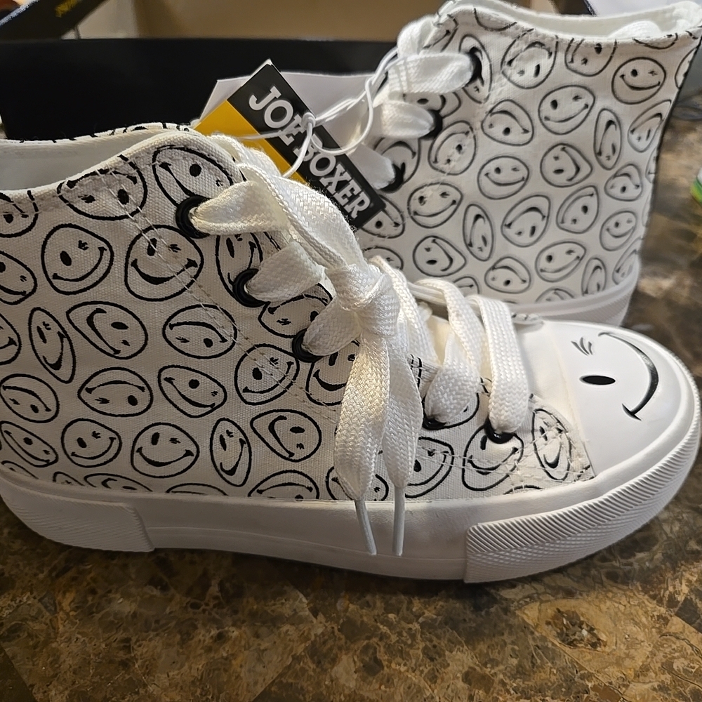 Joe Boxer Kids High-Top Sneakers - White with Black Smiley Design